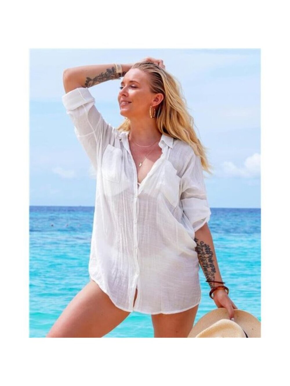 Women's Button Down Swim Cover Up Shirt Sexy Long Sleeve Beach Blouse Bathing - Picture 3 of 6
